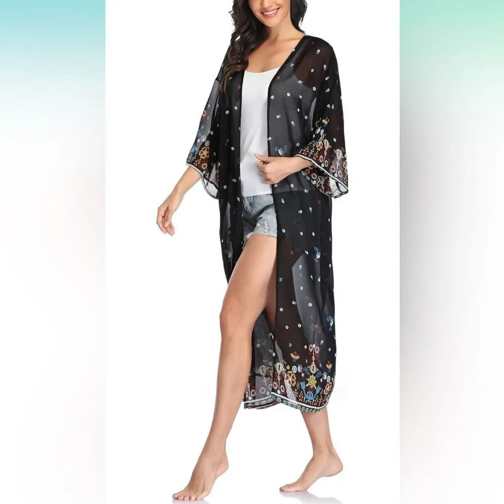 Floral Sheer Black Kimono Robe